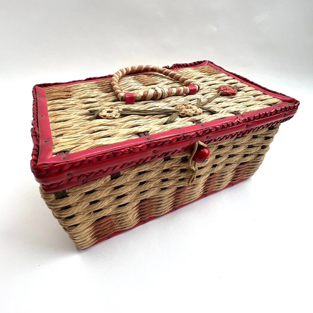 Vintage Sewing Basket with Red Accents